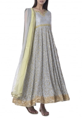 Grey and Lemon Yellow Hand Embroidered Anarkali with Shaded Border Dupatta