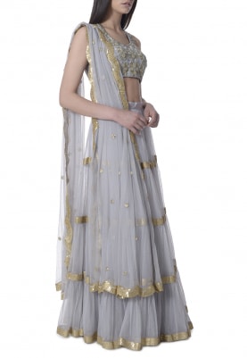 Grey Tiered Lehenga with Embellishment On Blouse and Dupatta