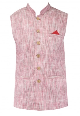 Pink Chinese Collar Cotton Khadi Jacket with Contrast Button