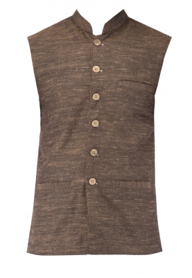 Brown Chinese Collar Cotton Khadi Jacket with Contrast Button