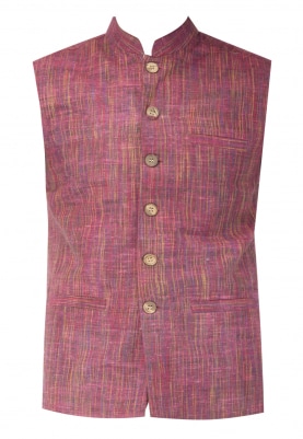 Maroon Chinese Collar Cotton Khadi Jacket with Contrast Button