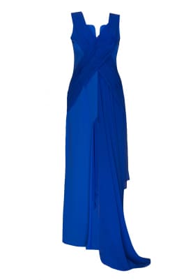 Blue Pleated High Slit Center Front Gown