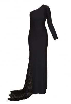Navy Blue Lycra and Lace Combination One Shoulder Gown