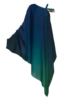 Peacock Blue To Green Ombre Dyed One Shoulder Asymmetric Dress
