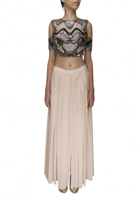 Pink Sequin Embroidered Crop Top Paired with Pleated Palazzo Pants