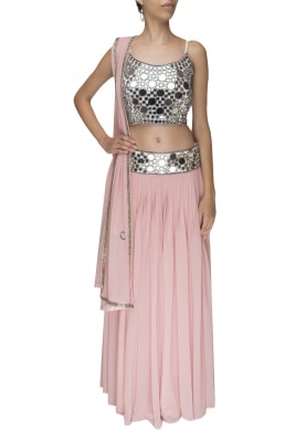White Mirror Work Spaghetti Crop Top Paired with Pink Embellished Waist Lehenga and Dupatta