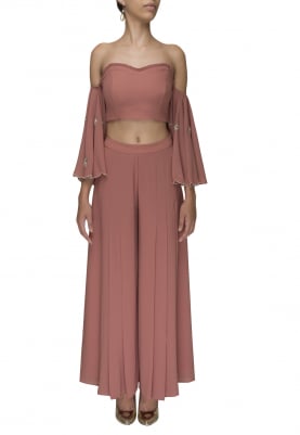 Blush Pink Off-Shoulder Embroidered Crop Top Paired with Panel Flare Palazzo Pants