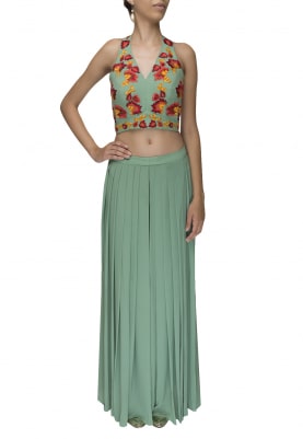 Green Halter Embellished Blouse with Pleated Palazzo Pants