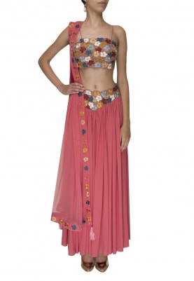 Peachy Pink Floral Embellished Crop Top with Yoke Embellished Lehenga and Floral Edging Lace