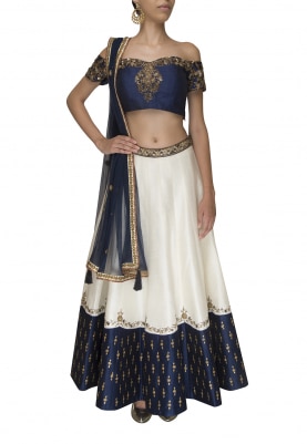 Blue Off-Shoulder Embroidered Choli and Dupatta with White Lehenga