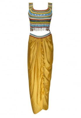 Multi Color Embellished Crop Top with Mustard Yellow Dhoti Pants