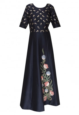 Navy Blue Embroidered Fit and Flare Gown