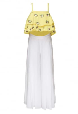Yellow Double Layer Spaghetti Top Paired with White Plain Palazzo