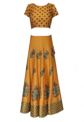 Mustard Embroidered Lehenga and Choli with Green Embroidered Dupatta