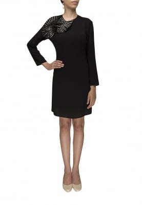 Black Embellished Flange Short Dress