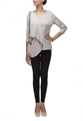Grey Embroidered Drape Top with Asymmetric Neckline