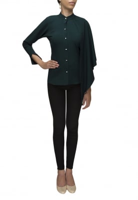 Green Shirt with One Side Cape Detailing Collar Flange Sleeve