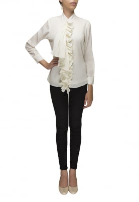 White Shirt with Pleated Placket and Tie-Up Collar