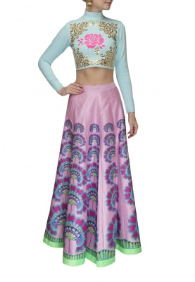 Pastel Blue Faux Leather Applique Crop Top with Digital Printed Skirt
