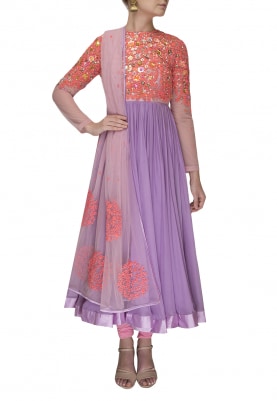 Pink and Lavender Hand Embroidered Floral Dori Work Yoke Anarkali Paired with Embroidered Floral Dupatta