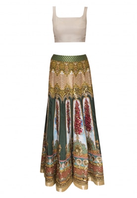Grey Digital Printed Skirt with Floral Hand Embroidery Highlights with Blouse and Contrast Dupatta with Border Edging