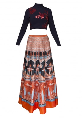 Midnight Blue Faux Leather Applique Crop Top with Digital Printed Skirt