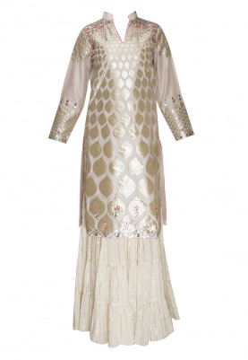Ivory Applique Work and Floral Highlights Kurta with Sharara Pants