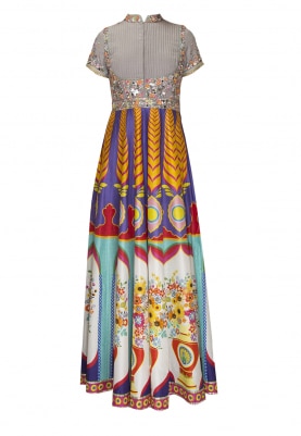 Grey Digital Print Flare with Embroidered Yoke with Mirror Work Dupatta