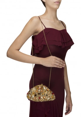 Gold Embellished Clutch with Multicolor Stones