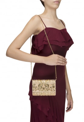 Beige and Gold Pu Applique Work Flapover Bag