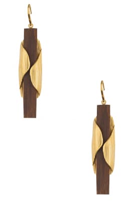 Gold Plated Wooden Drop and Gold Sheet Long Earrings