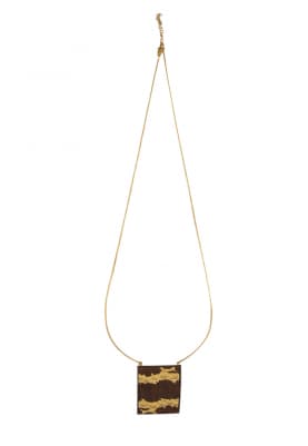 Gold Plated Rectangular Wooden and Gold Textured Work Necklace