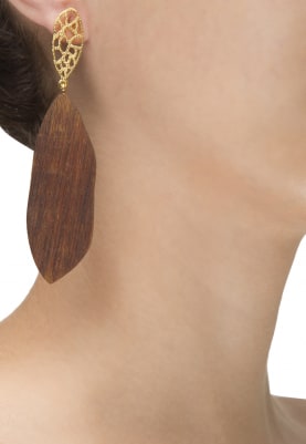 Gold Plated Wooden and Gold Cutwork Long Earrings