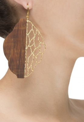 Gold Plated Hald and Half Wooden and Gold Cutwork Leaf Design Earrings