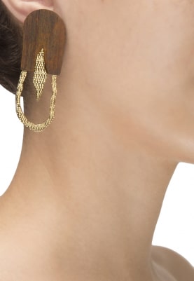 Gold Plated Half and Half Wooden and Hollow Hoop Earrings