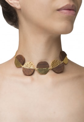 Gold Plated Wooden and Five Gold Textured Figures Necklace