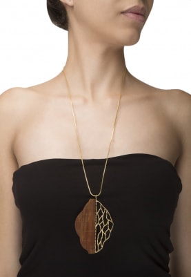 Gold Plated Half and Half Wooden and Gold Cutwork Necklace