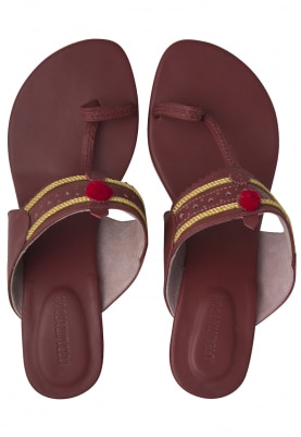 Maroon Kaitoon Kolhapuri Wedges with Red Pompom and Golden Threadwork