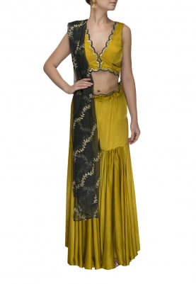 Mustard Embroidered Choli with Scalloped Embroidered Belt Garara and Bottle Green Dupatta