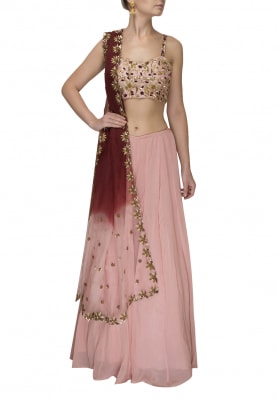 Baby Pink Embroidered Bustier Top with Flared Skirt and Two Tone Dyed and Embroidered Dupatta