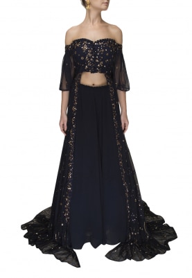Navy Blue Off-Shoulder Embroidered Trail Jacket with Plain Sharara Pants