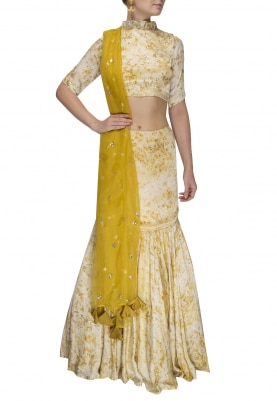 Yellow and White Dyed Crop Top, Fit and Flare Skirt with Yellow Embellished Dupatta