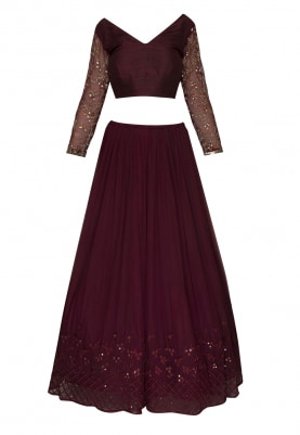 Dark Brown Embellished Sleeve Blouse with Marsala Flare Skirt and Dupatta