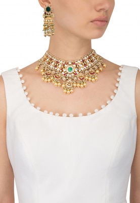 Gold Plated Green and Pink Choker Necklace Set